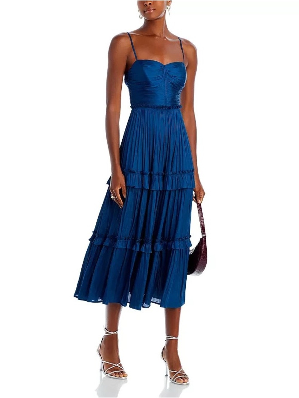 Aqua Navy Ruched Top Spaghetti-Strap Tiered Blue Midi Dress